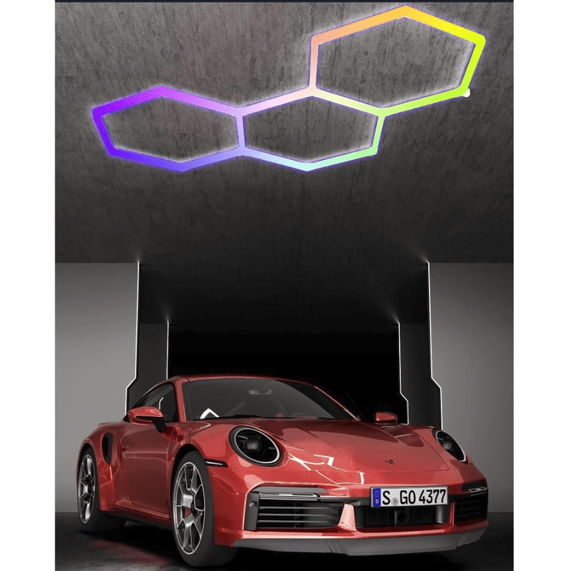 Hexagon LED Garage Lights – RGB LED Ceiling Light Kit, 16 Tube 3-Pack, 358 Color Changing Modes, App & Remote Controlled, IP54 Smart Lighting For Garage, Workshop, Gaming Room, Bar, Party, Hexagon Wall Lights