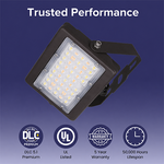50W Max LED Flood Light with Yoke Mount – Selectable 30W/40W/50W & 3CCT (3000K–5000K), 7,250 Lumens, Photocell, 0-10V Dimmable, IP65, 250W MH Equivalent, UL/DLC Premium, 50,000 Hrs, 3-Year Warranty