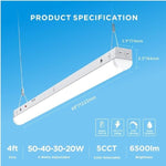 LED Shop Light, 4ft With Motion Sensor, Lighting Fixtures, Emergency Battery Backup, Adjustable 20W-50W, 6500LM, 5 Colors 3000K-6500K, ETL Linkable Ceiling Light
