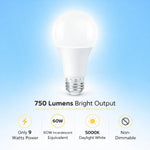 LED A19 Bulb, 9W (60W Incandescent Equivalent), 750 Lumens, 5000K Daylight White, E26 Medium Base, 220° Wide Beam, UL Damp Rated, Frosted, Energy Efficient, 10,000 Hour Lifespan