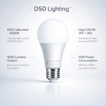 D50 Lighting, A21 LED Light Bulb, 100W Equivalent, Daylight 5000K, 1600 Lumens, E26 Base, High CRI 95, Non-Dimmable, 15W Bulb for Color-Critical Applications