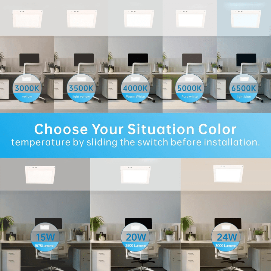 1x1 LED Panel Light, Surface Mount, 15W/20W/24W, 1875–3000 Lumens, 5CCT 3000K–6500K Selectable, Triac Dimmable Flush Ceiling Light Fixture For Kitchen, Garage, Office, Home – White, 2-Pack