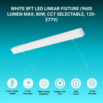 8FT Suspended Linear LED Light Fixture - 9600 Lumens, 80W, CCT Selectable, 120-277V, Dimmable, White Body