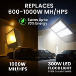 300W LED Area Flood Light – 40,500 Lumens, 5000K Cool White, Type V Distribution, 1000W Metal Halide Equivalent, Yoke Mount, IP65 Waterproof, DLC Premium, UL Certified, Dimmable 0-10V, 50,000 Hrs, 5-Year Warranty