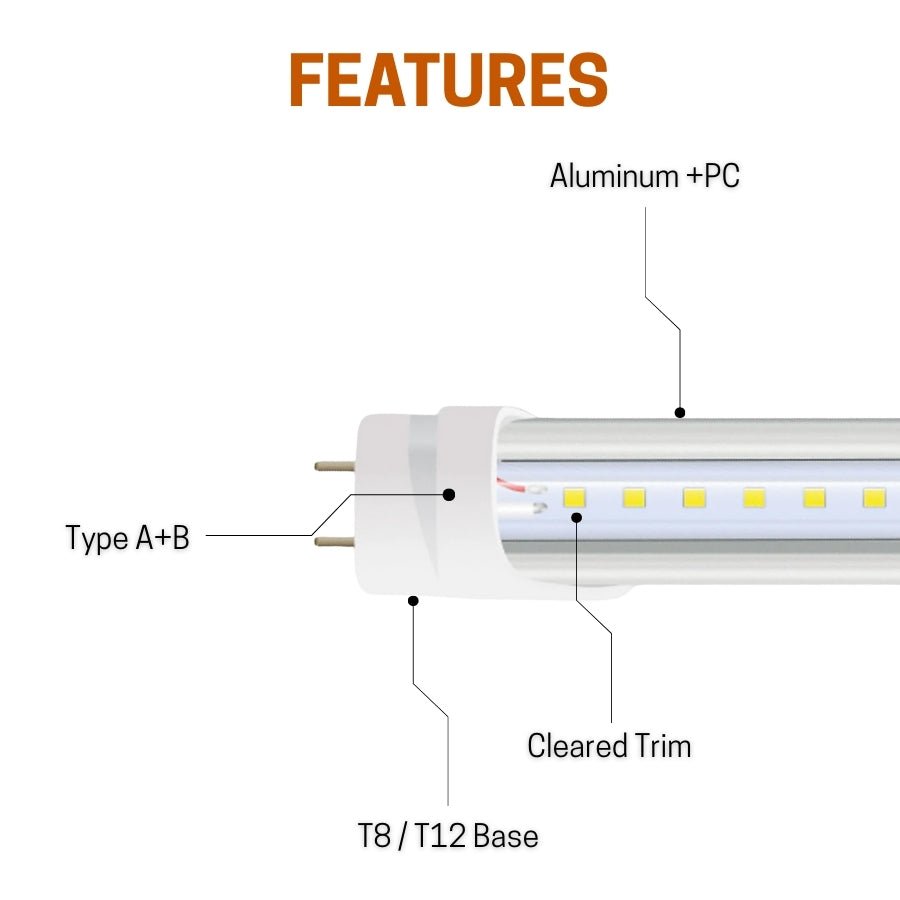LED Tube Light Fixture, 3FT, 15W, Type A+B, 5000K, 140LM/W, 0-10V Dimmable, Single-End, Clear Cover, G13 Base, 100-277V AC, Aluminum/PC, Safety Fuses, ETL Certified