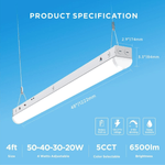 LED Shop Light, 4ft Linear Strip Fixture With 8W Emergency Battery Backup (90 Minutes), Adjustable 20W-50W, 6500LM, 5 Colors 3000K-6500K, ETL Linkable Ceiling Light