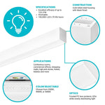 8FT Suspended Linear LED Light Fixture - 9600 Lumens, 80W, CCT Selectable, 120-277V, Dimmable, White Body