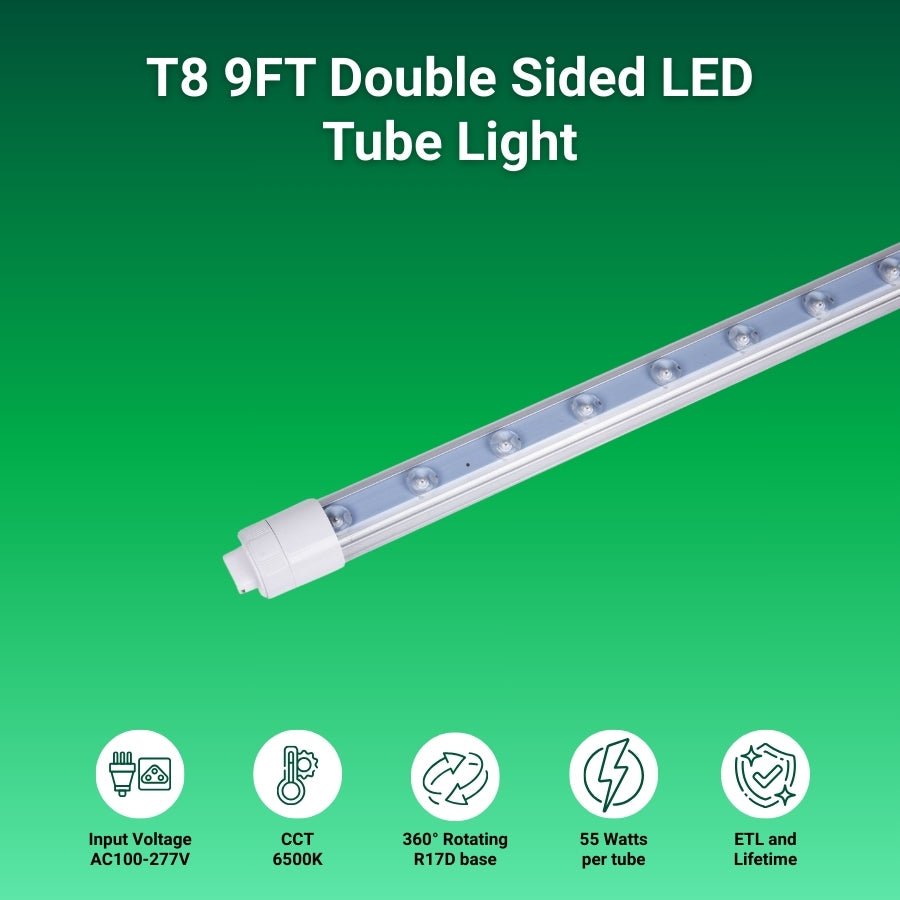 9FT LED Tube Light, 55W T8 Double-Sided, 6500K Cool White, R17D Rotatable Base, Waterproof Design, Ballast Bypass - Ideal for Bus Stops, Shopping Malls, Hotels & Sign Lighting