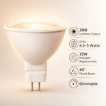 LED MR16 Bulb, 5W (35W Halogen Equivalent), 300 Lumens, 3000K Warm White, 40° Flood Beam, Dimmable, 12V Low Voltage, GU5.3 Base, UL Damp Rated, Accent & Task Lighting
