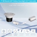 2 Inch 8W Round LED Trimless Downlight With Junction Box, 700 Lumens, 2700K/3000K/3500K/4000K/5000K Selectable, AC120V TRIAC/ELV Dimmers, White Trim, IC Rated, CRI 90+ Wet Location ETL Listed