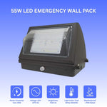 55W LED Emergency Wall Pack Light - Semi Cutoff - Glass Lens - Built in Emergency Back up - 120 Minutes Battery Backup- Forward Throw - DLC Listed